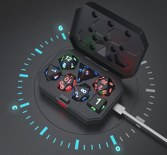 Light-up dice in their USB charging case