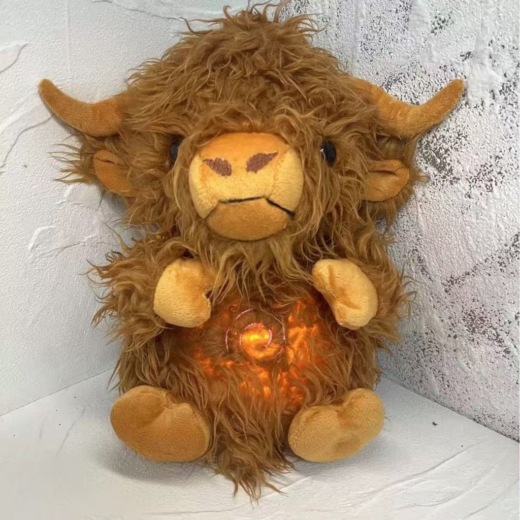Breathing Highland cow plush with glowing chest