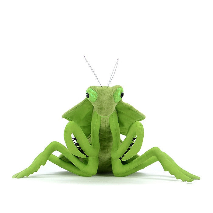 Praying mantis plush, close-up of head and eyes
