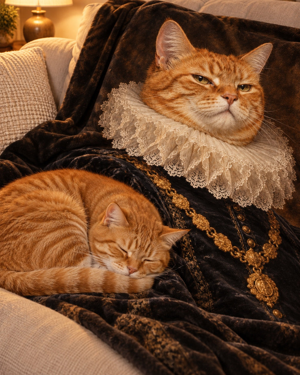 Orange tabby cat asleep on a blanket printed with its own nobleman portrait