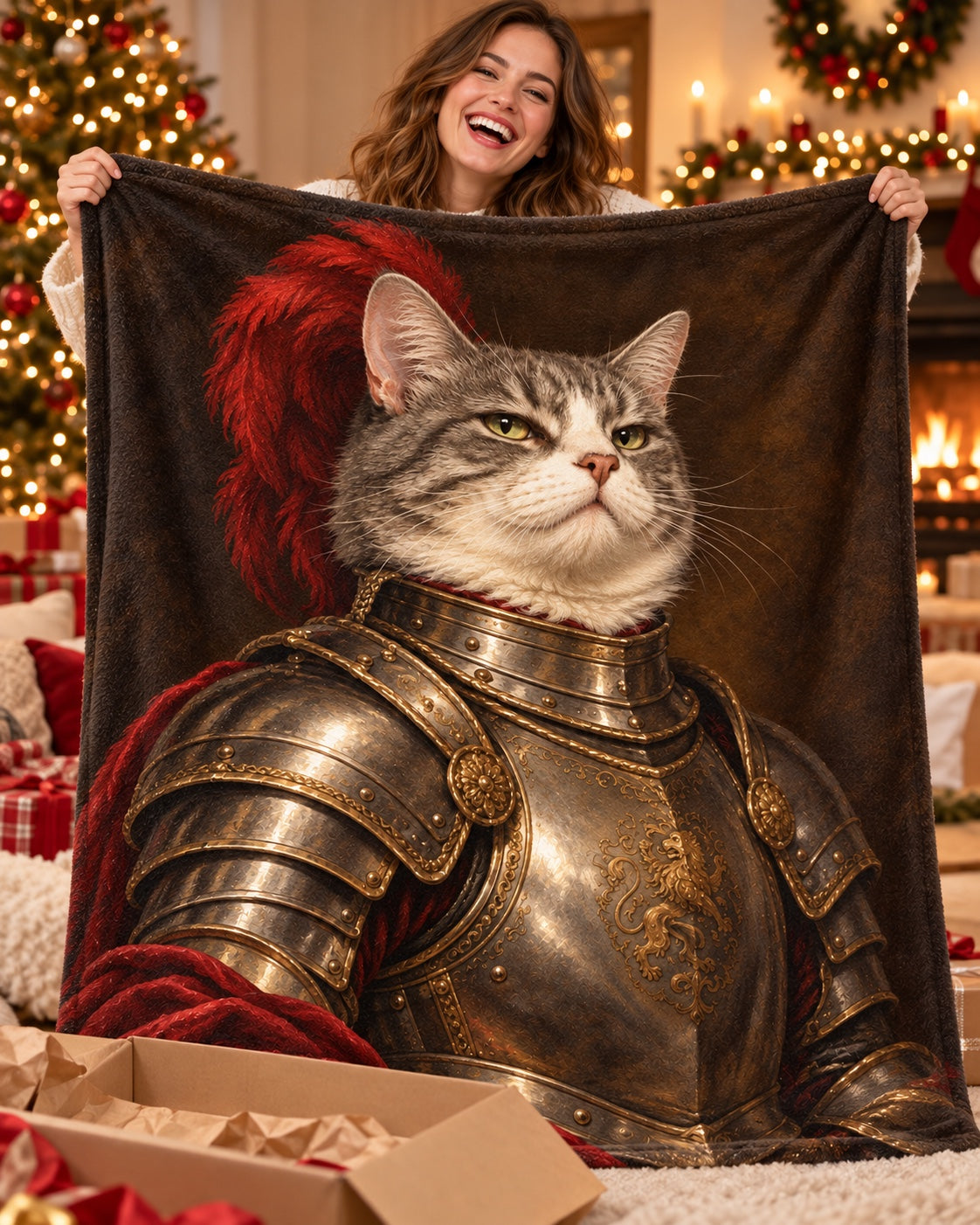 Woman laughing while unwrapping a knight cat portrait blanket