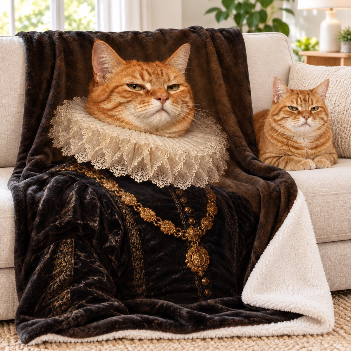 Custom cat portrait blanket with an orange tabby as a nobleman, on a sofa next to the real cat